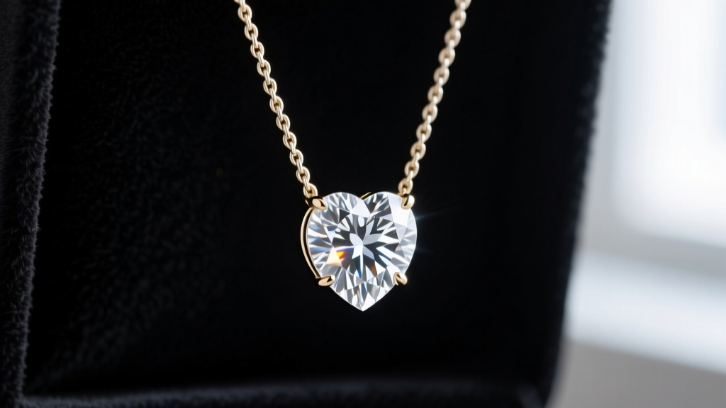 Close-up of a sparkling 1 carat natural diamond heart pendant on a delicate 18k white gold rope chain against dark velvet.