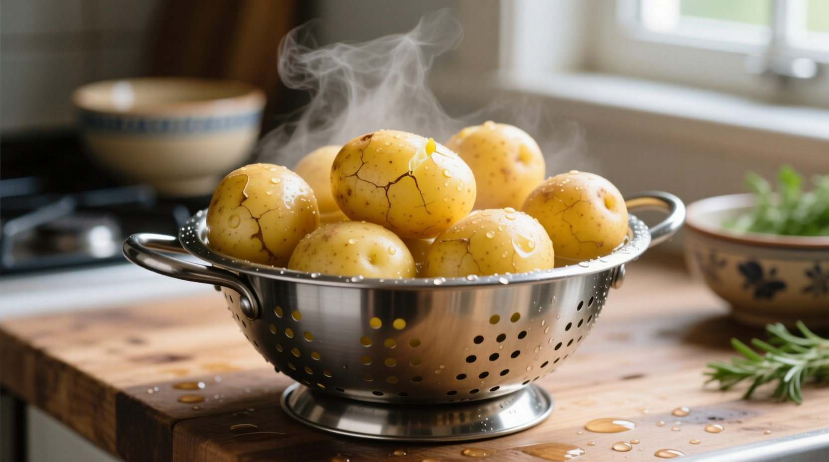 Perfectly boiled Yukon Gold potatoes in a colander