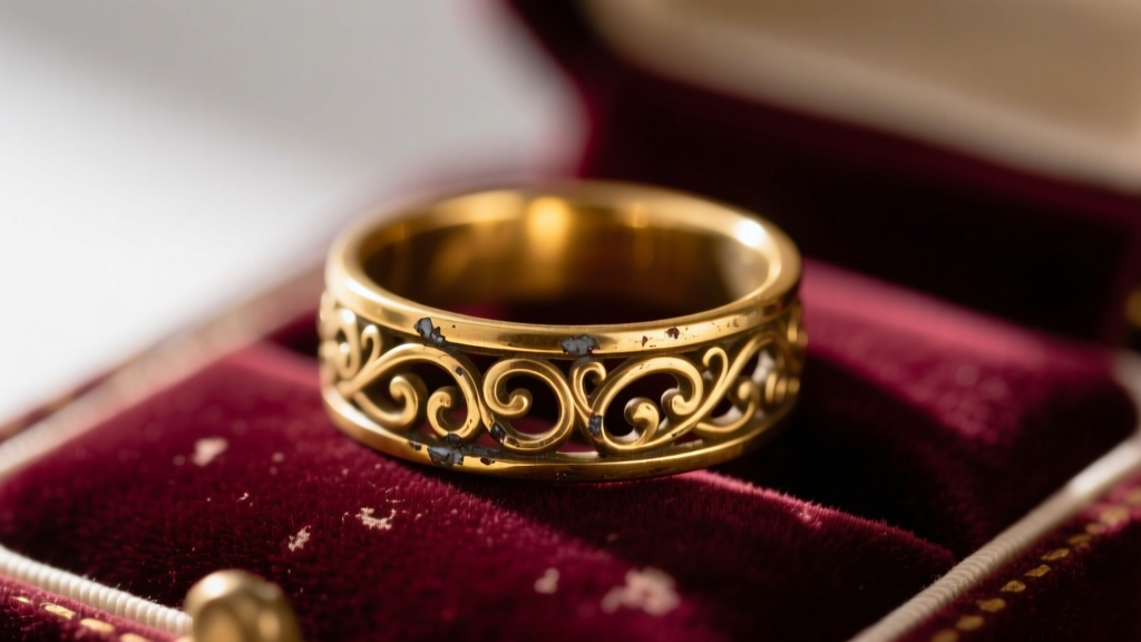 Close-up of a worn gold-plated brass ring showing exposed base metal patches on a velvet jeweler's tray under warm studio light.