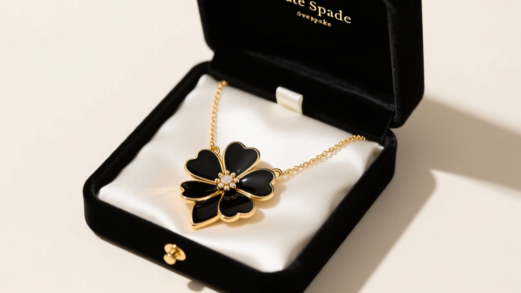 Black velvet gift box opened to reveal a gold-tone and black enamel Kate Spade spade flower necklace on white satin.