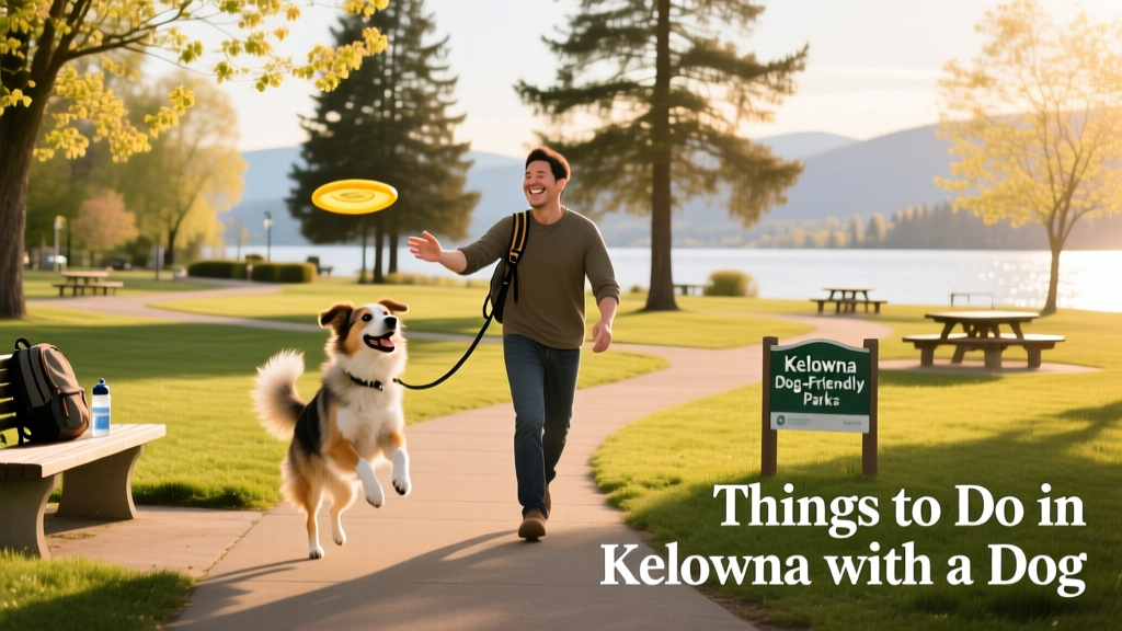 A dog and pet parent enjoying a sunny day at a dog-friendly park in Kelowna