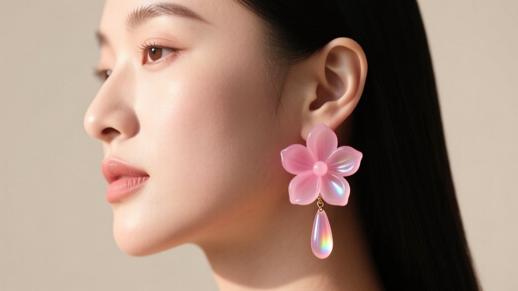 Side profile of a woman wearing a medium pink resin flower dangle earring, showing how the drop complements a round face shape.