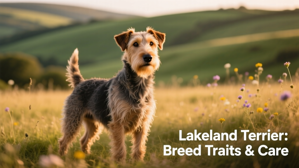 A Lakeland terrier standing confidently in a sunlit meadow, showcasing its wiry coat and alert expression