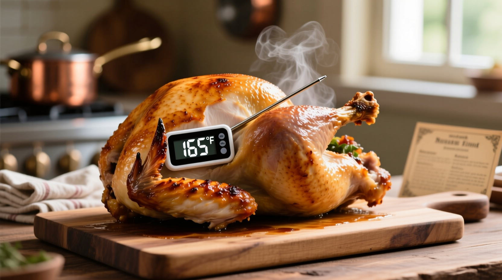 Roasted turkey with digital thermometer showing 165 degrees