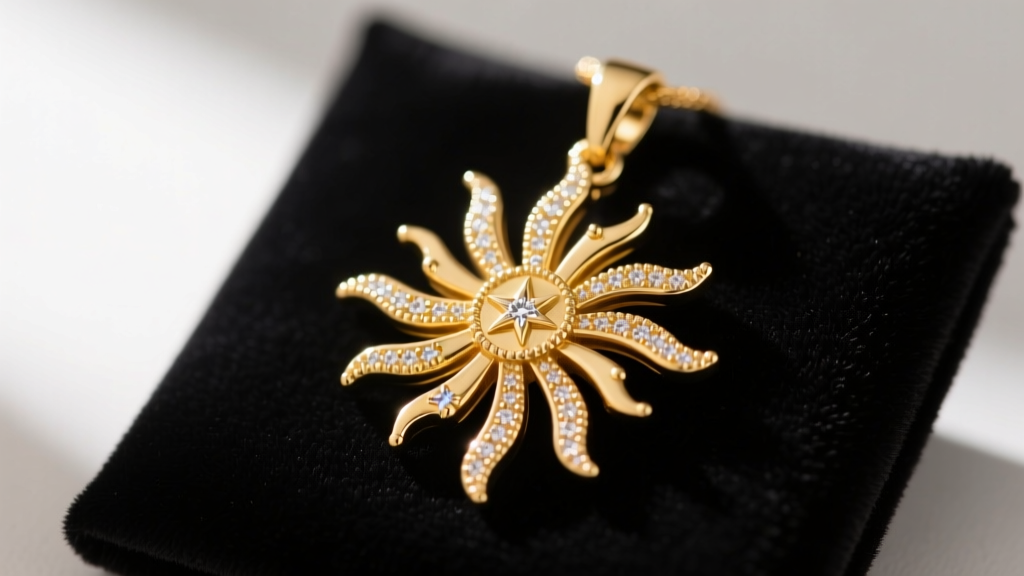 Macro shot of an 18k gold sunburst pendant with milgrain detailing on the rays, resting on a black velvet jewelry polishing cloth.