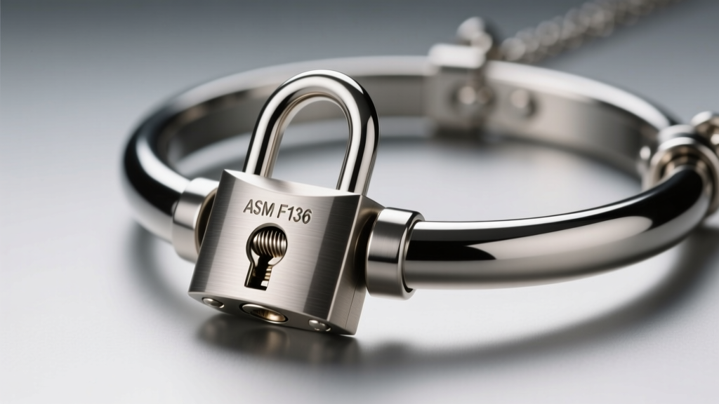 Macro shot of ASTM F136 titanium tubular lock on a sleek steel chastity necklace, highlighting precision machining details