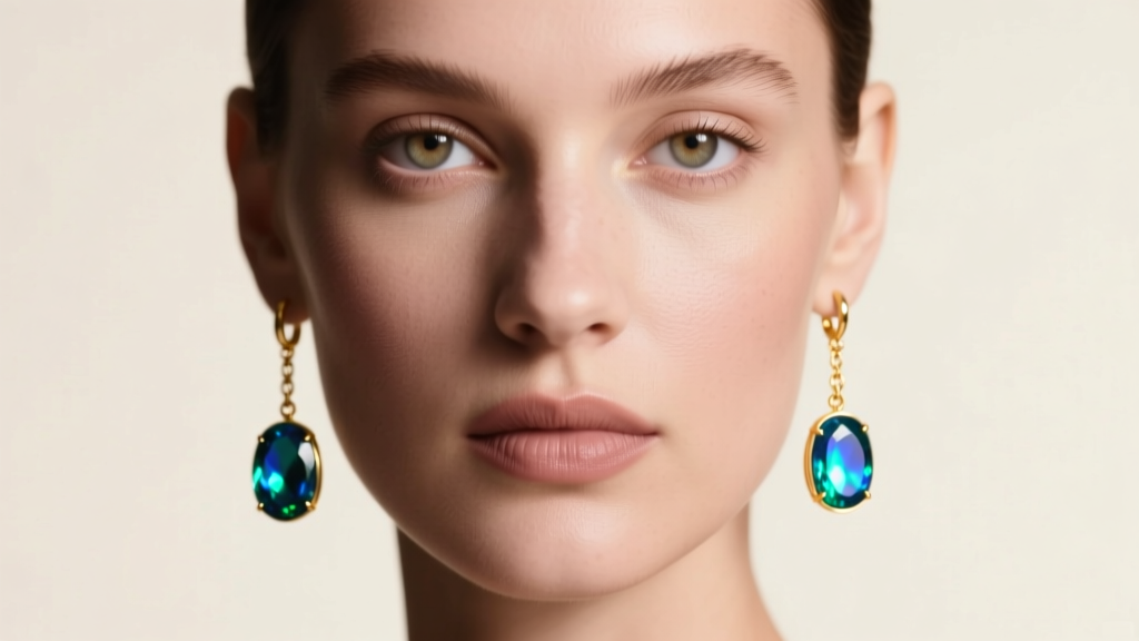 Close-up of a model wearing long 18k gold opal dangle earrings, soft studio lighting highlighting blue and green play-of-color.