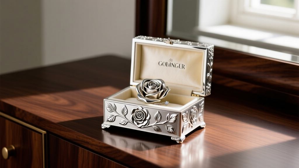 Godinger silver rose jewelry box on a dark oak vanity, showcasing intricate floral engravings and a soft, clean velvet interior