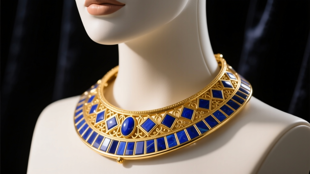 Close-up of an 18k gold Cleopatra collar necklace with lapis lazuli inlays, resting on a mannequin against a dark velvet backdrop