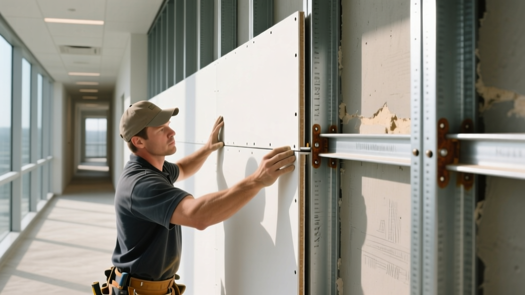 Close-up of a contractor installing 1/2-inch Type X fire-rated gypsum board on metal wall studs in a commercial corridor with exposed joints