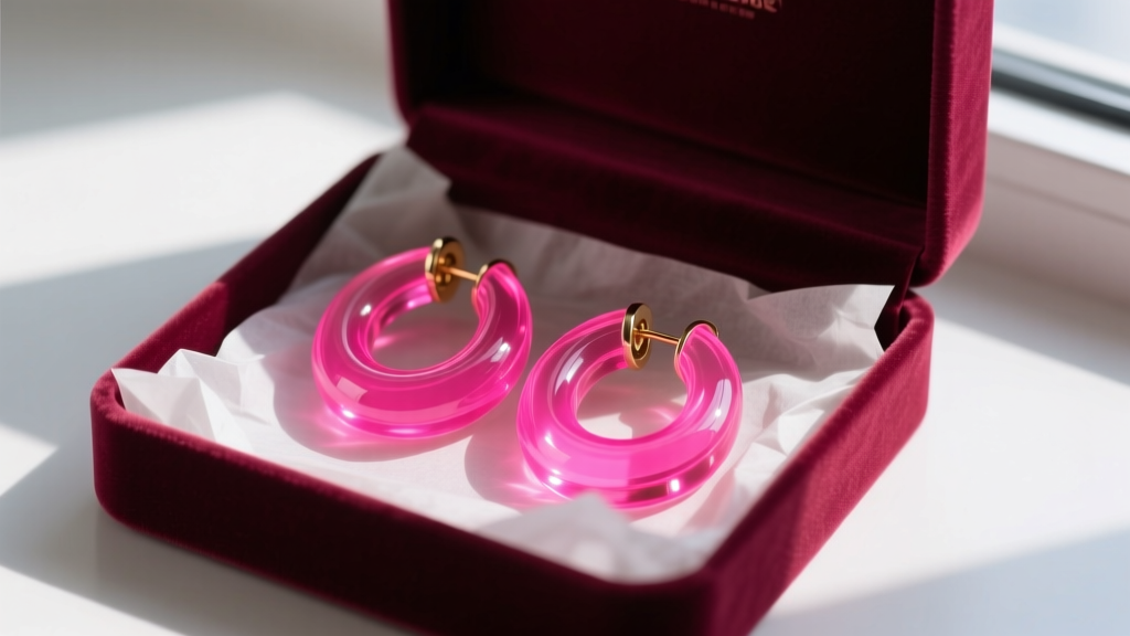 Chunky neon pink PMMA acrylic hoop earrings resting in an open velvet gift box on tissue paper under bright natural light.