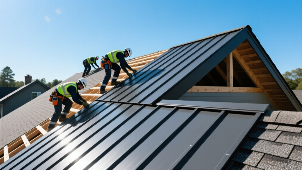 Crew installing dark gray standing seam metal panels next to asphalt shingles on a pitched residential roof under clear blue skies