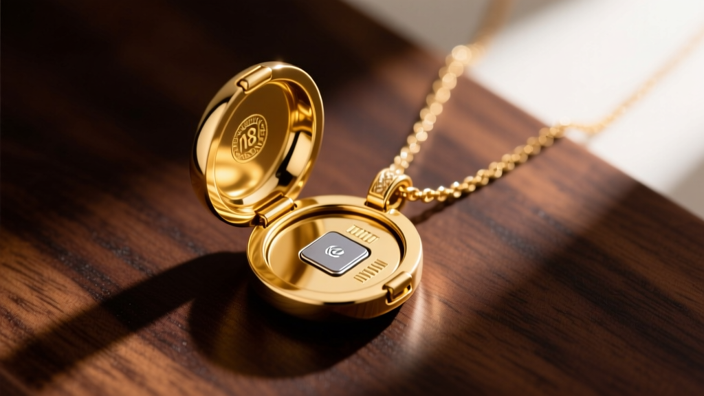 Flat lay of an 18k gold signet-locket hybrid necklace, opened to reveal an NFC chip, resting on a dark walnut wood surface.