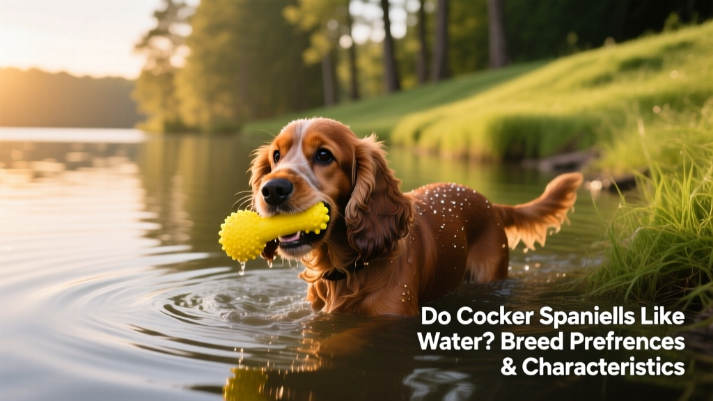 Cocker Spaniel retrieving a bright yellow toy from a calm, sunlit lake