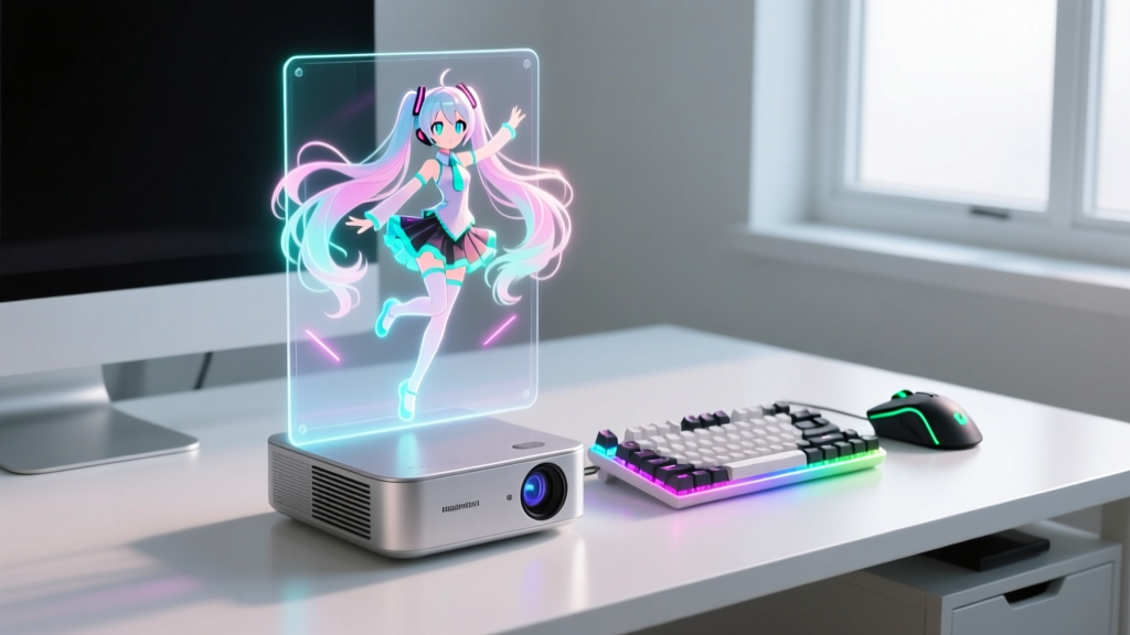 Transparent desktop holographic projector displaying a 3D glowing anime idol character next to a mechanical keyboard and mouse