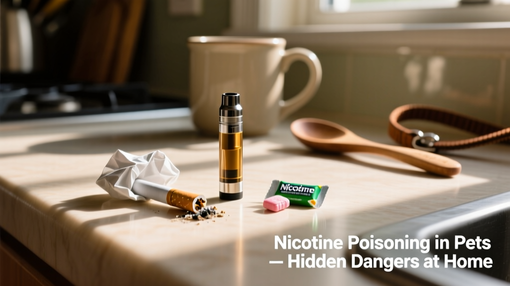 Close-up of common household nicotine sources: cigarette butt, e-cigarette pod, and nicotine gum on a kitchen counter