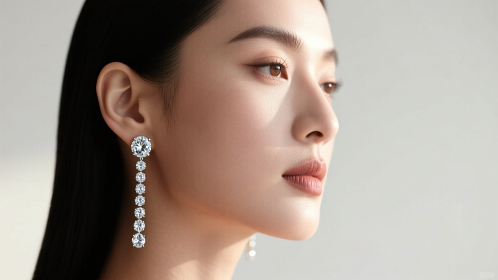 Side profile of a woman with an oval face wearing long round diamond dangle earrings, showing how the drop elongates her jawline