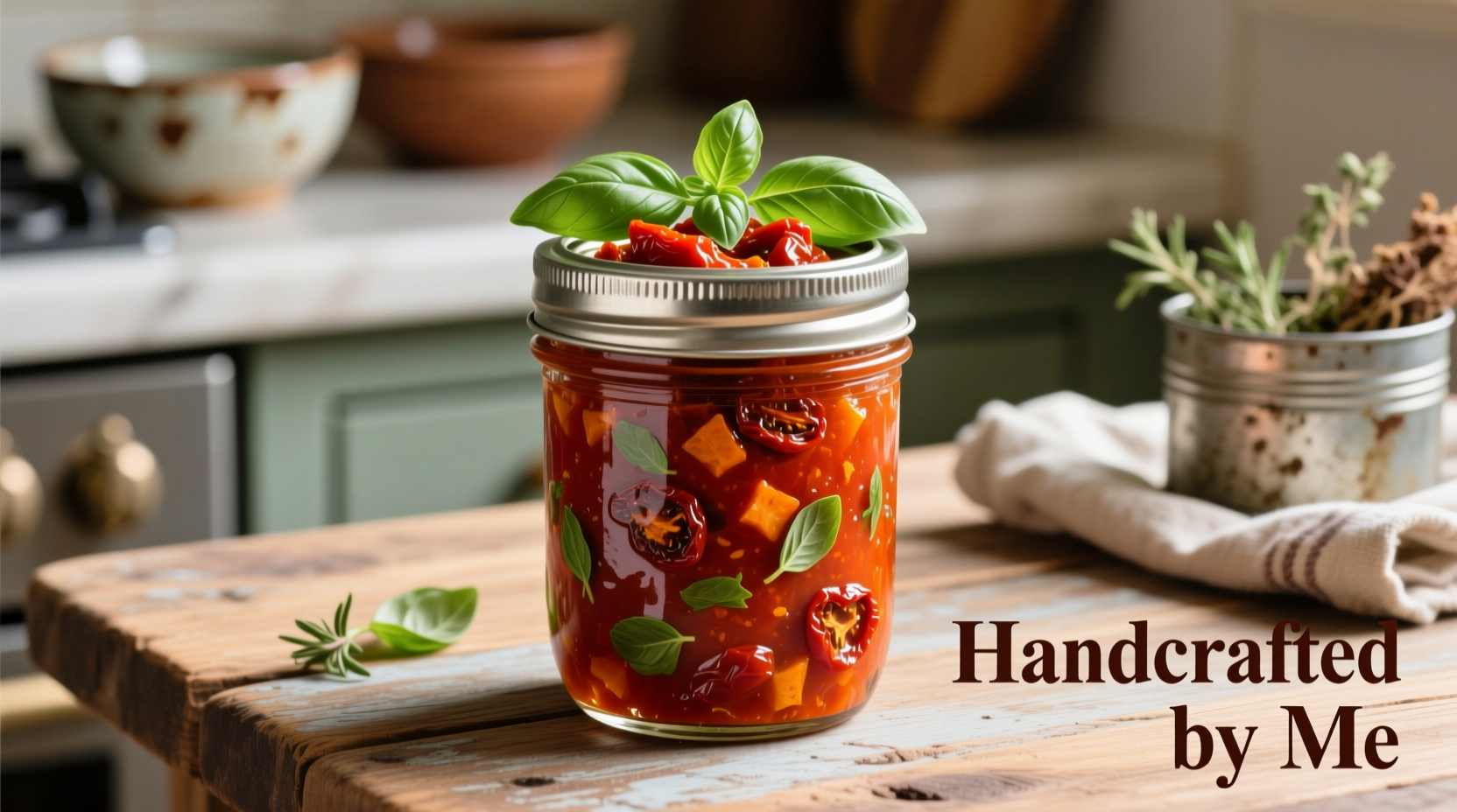 Homemade sundried tomato spread in mason jar with fresh basil