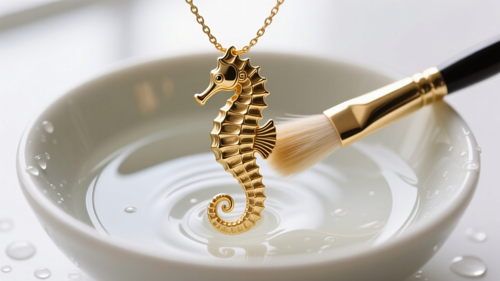 A soft-bristled brush gently cleaning the intricate belly ridges of a gold vermeil seahorse necklace submerged in a bowl of mild soapy water.