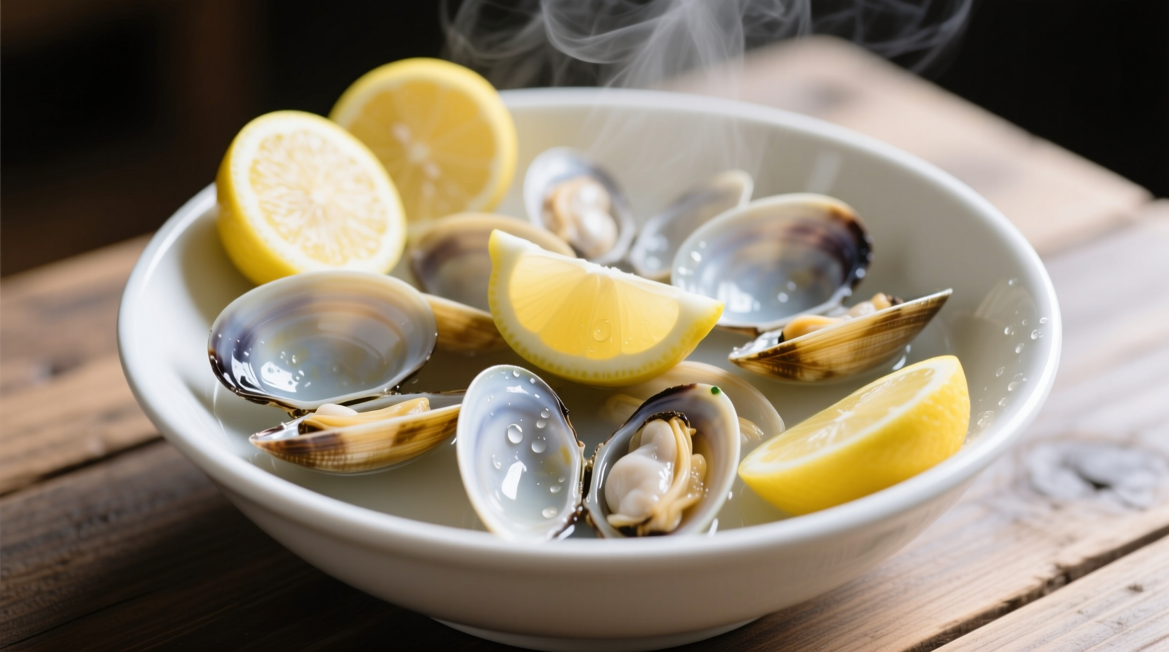 Fresh steamed clams in white bowl with lemon wedges