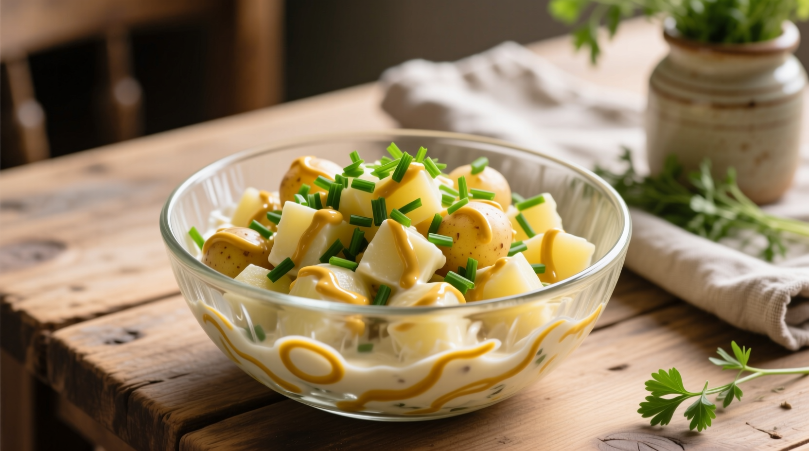 Creamy potato salad with mustard dressing in glass bowl