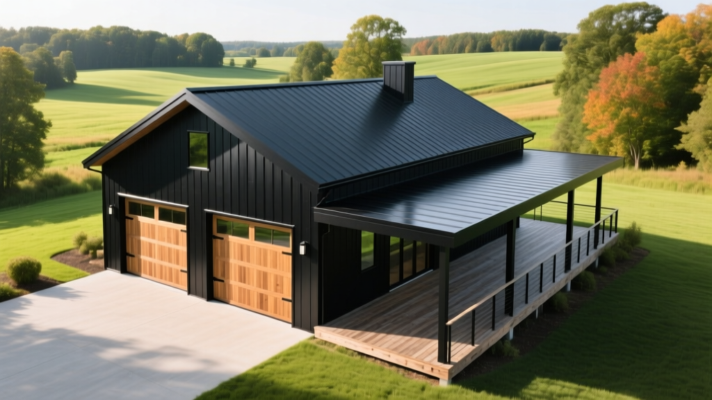 Exterior of a modern black metal barndominium with large wooden garage doors and a wraparound porch set against a lush green landscape