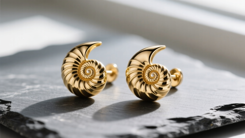 Macro shot of 14k gold nautilus shell earrings on slate, showing intricate Fibonacci spiral ridges and a polished finish