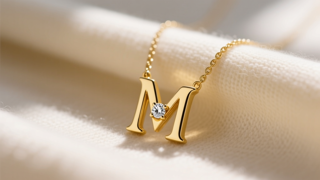 Macro shot of a solid 14k yellow gold initial M pendant necklace with diamond accent, resting against soft cream cashmere fabric.