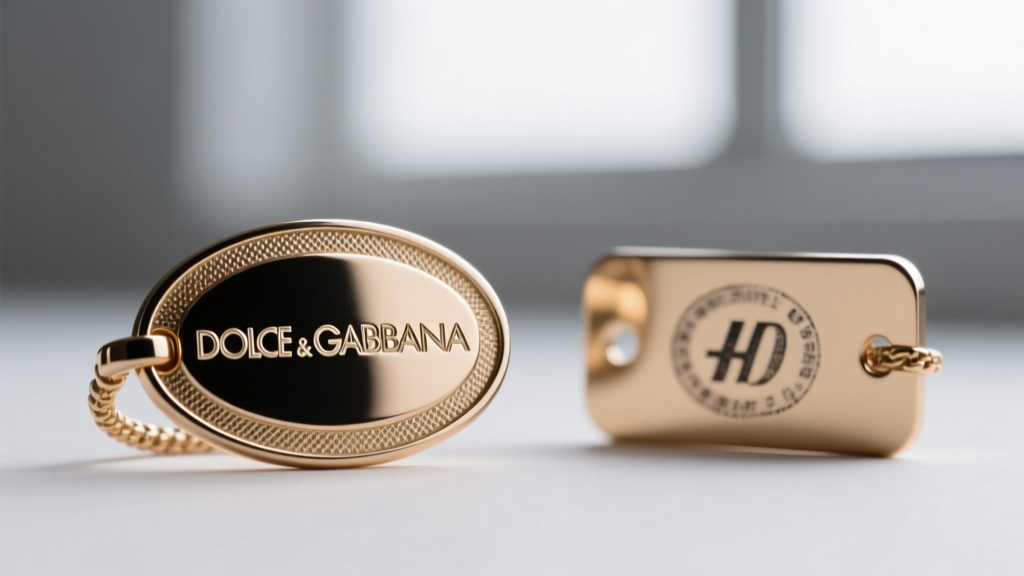 Macro shot comparing a genuine D&G oval logo tag with crisp engraving next to a blurry, shallow-stamped counterfeit jewelry tag.
