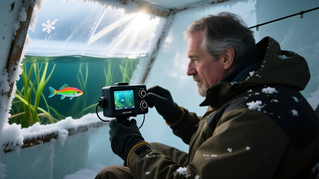 Angler inside dark ice shelter adjusting dials on small LCD underwater camera monitor showing green weeds and lure