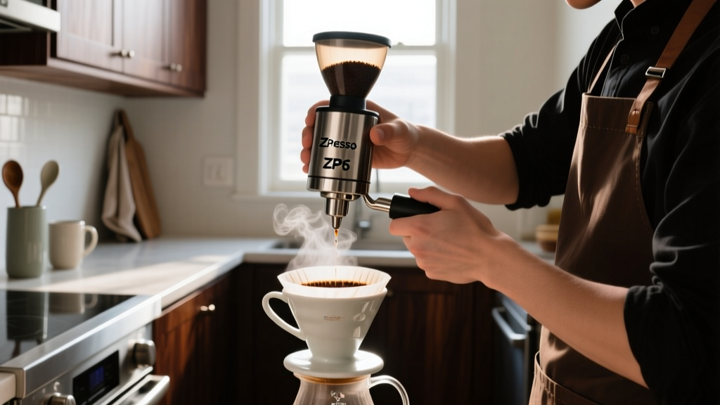 Close-up of barista holding 1Zpresso ZP6 Special hand grinder over Hario V60 dripper in a narrow galley kitchen with dark wood cabinets