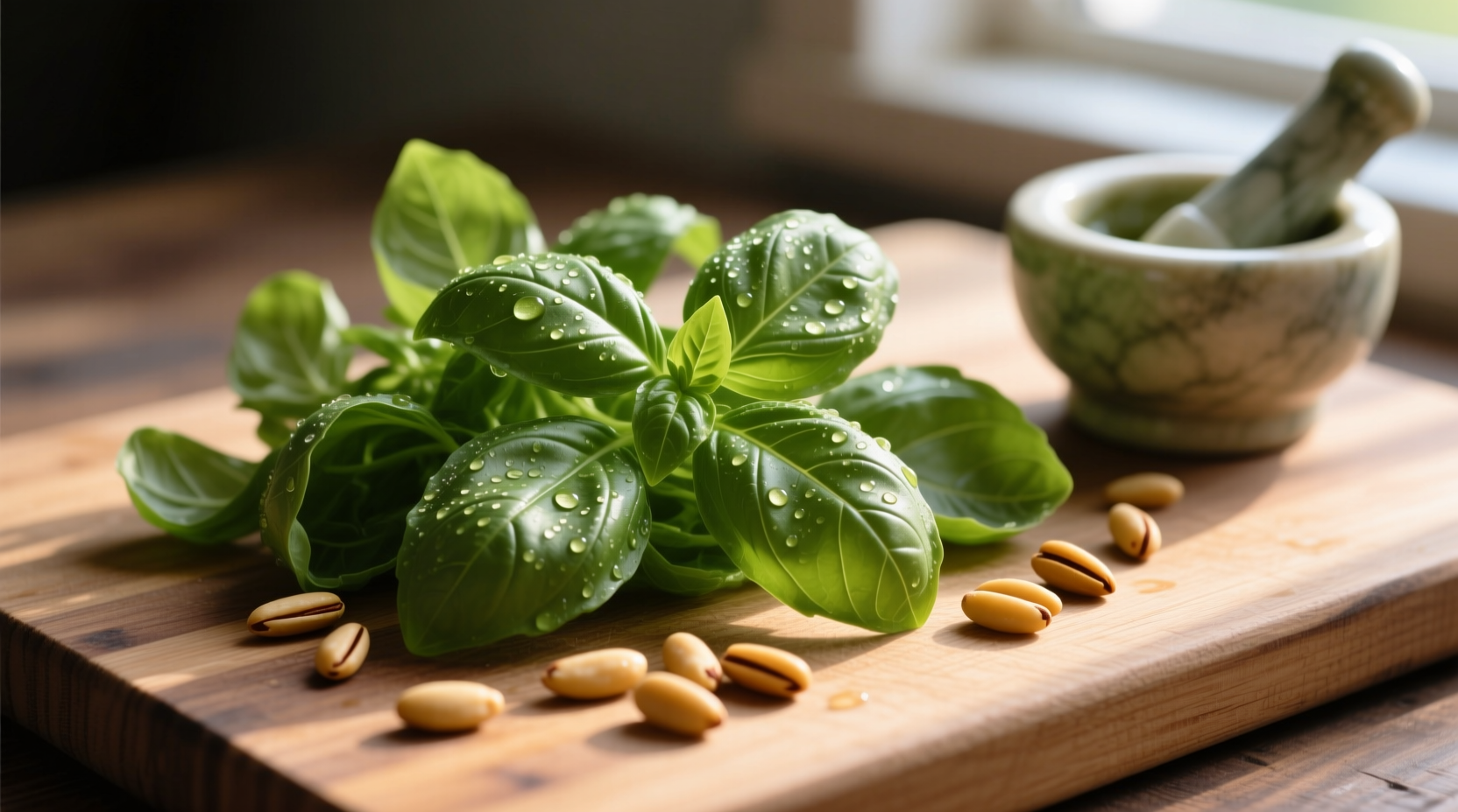 Fresh basil leaves and pine nuts for homemade pesto