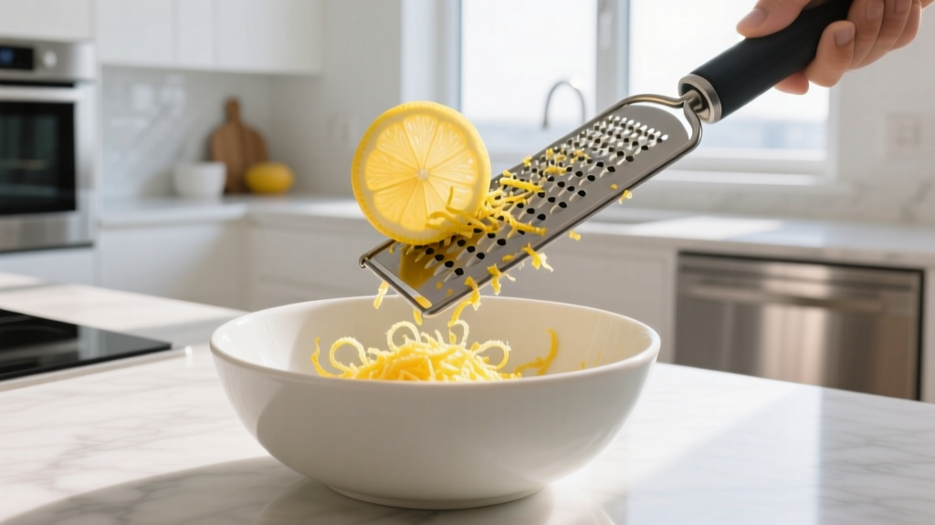 Close-up of a photo-etched microplane grater shaving fine lemon zest over a ceramic mixing bowl in a sunlit modern kitchen