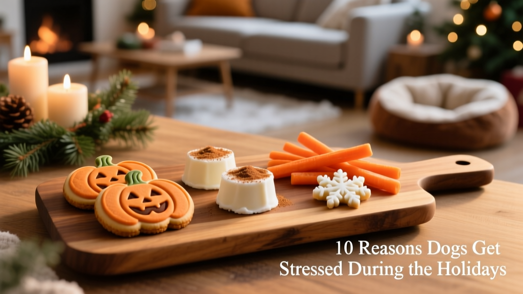 A dog-safe holiday treat platter featuring pumpkin biscuits, frozen yogurt bites, and carrot sticks arranged on a festive plate