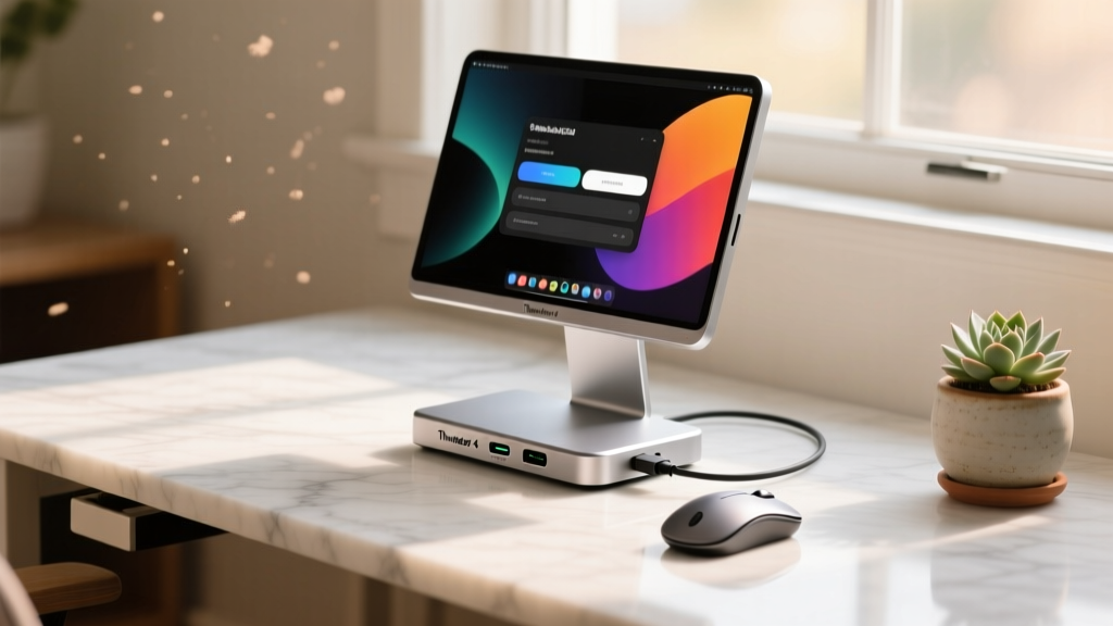 Close-up of a clutter-free home office desk utilizing a single Thunderbolt 4 dock and a 13-inch portable OLED monitor mounted on a sleek aluminum stand.