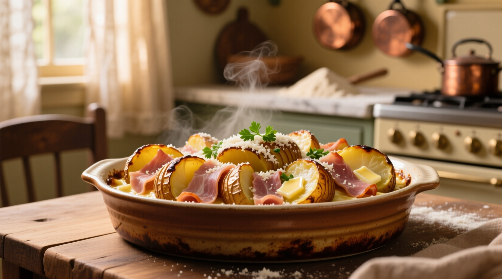 Golden brown scalloped potatoes with ham in baking dish