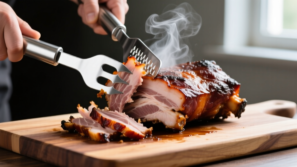 Stainless steel bear claw meat shredders pulling apart a smoked pork shoulder on a wooden cutting board with steam rising