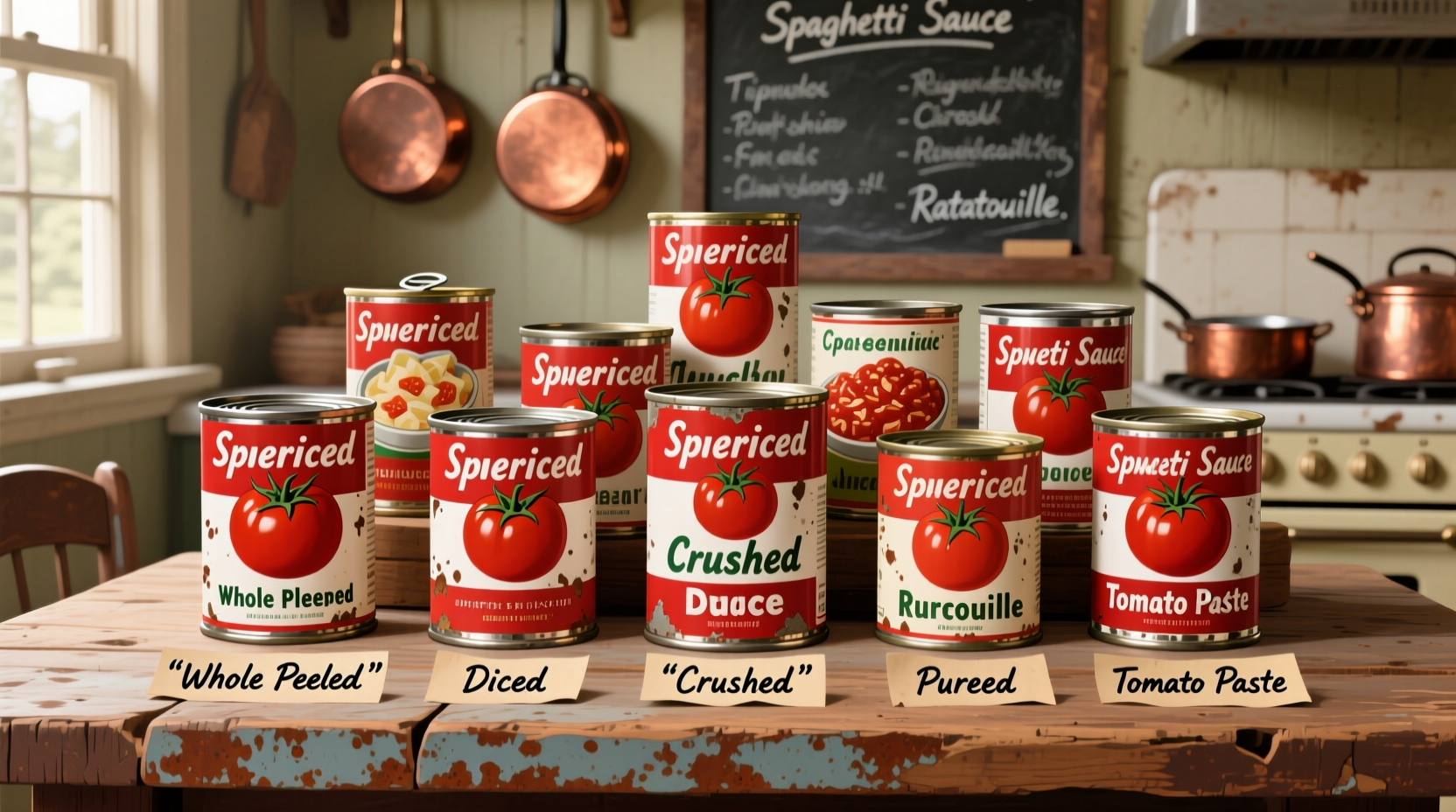 Various tomato can types arranged by culinary use