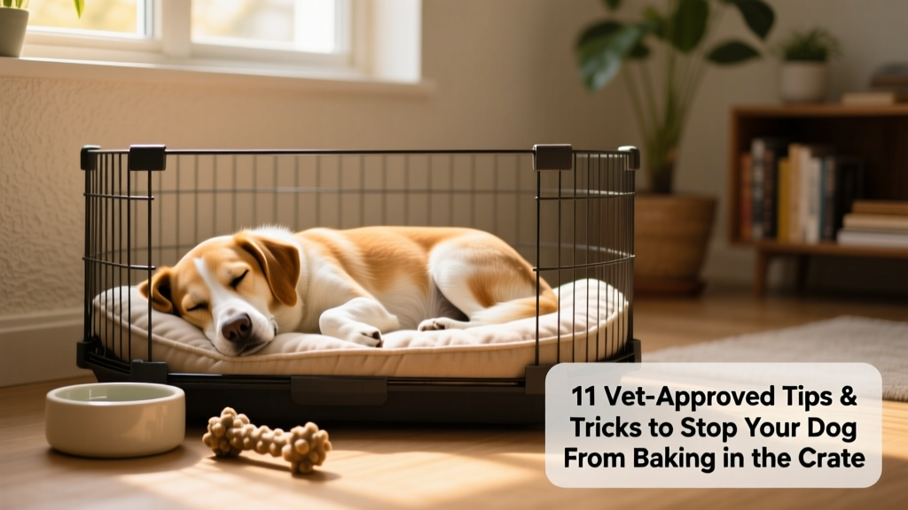 A happy, relaxed dog sleeping soundly in a tidy, inviting crate with a soft bed, water bowl, and chew toy visible