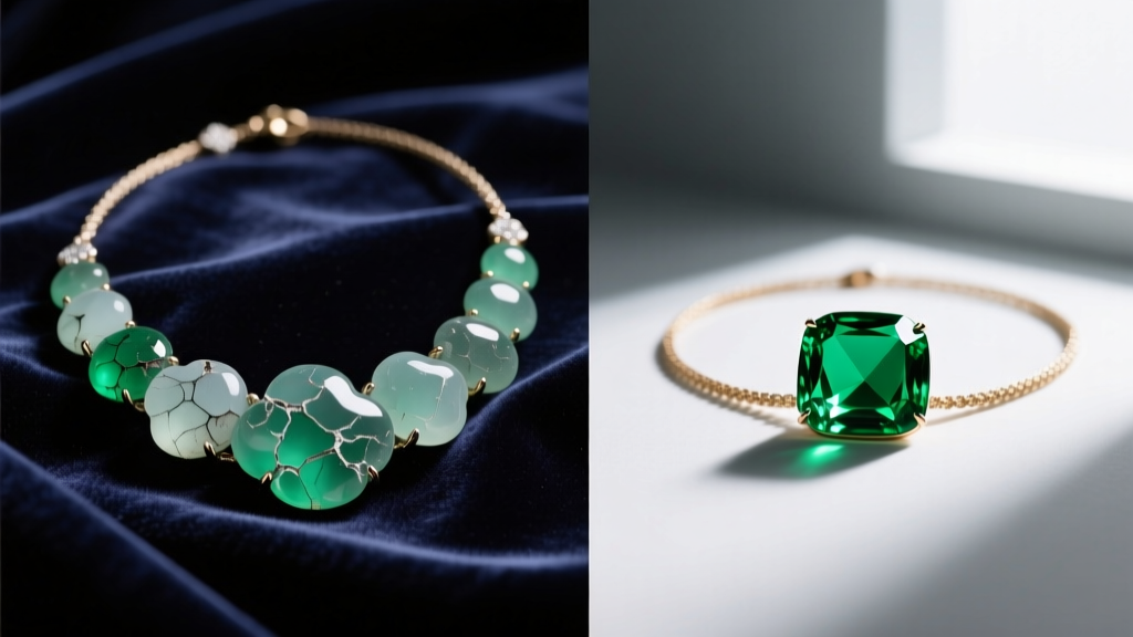 Split comparison showing a clouded, damaged emerald necklace next to a pristine, oil-treated emerald resting on dark velvet
