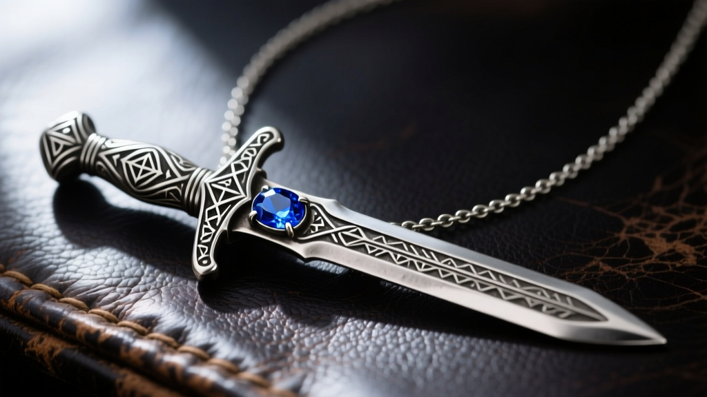 Oxidized silver Master Sword necklace with detailed hilt and a lab-grown sapphire accent, resting on dark distressed leather.