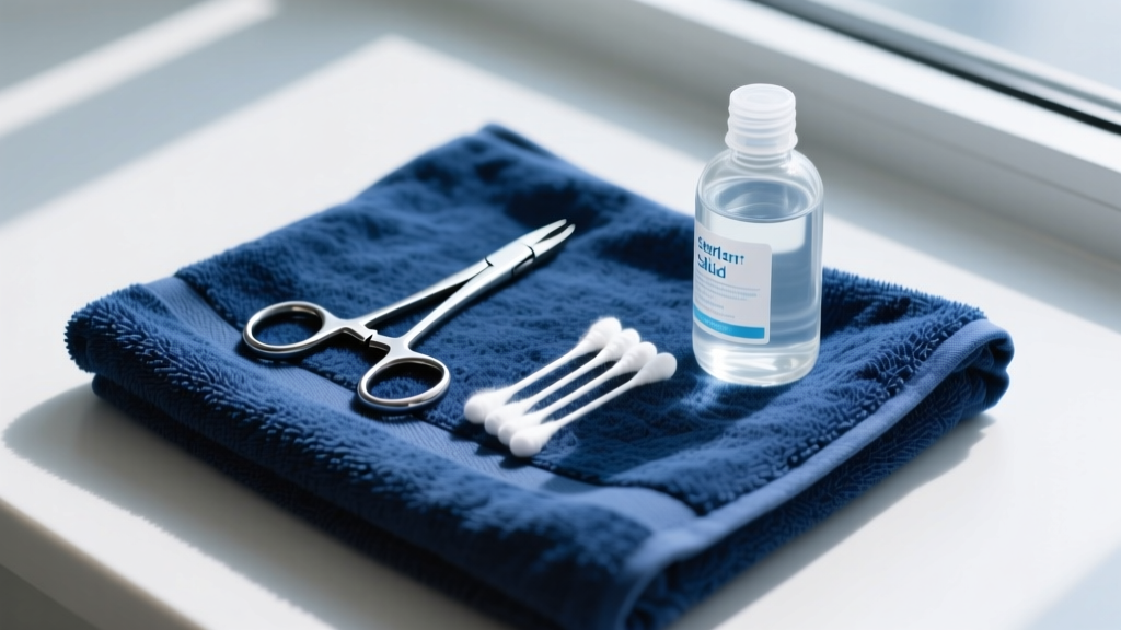 Overhead shot on a blue towel showing steel hemostats, cotton swabs, and a bottle of sterile saline for safe earring removal.