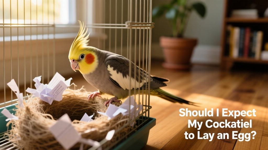Cockatiel arranging shredded paper in the corner of a cage, creating a nest-like depression
