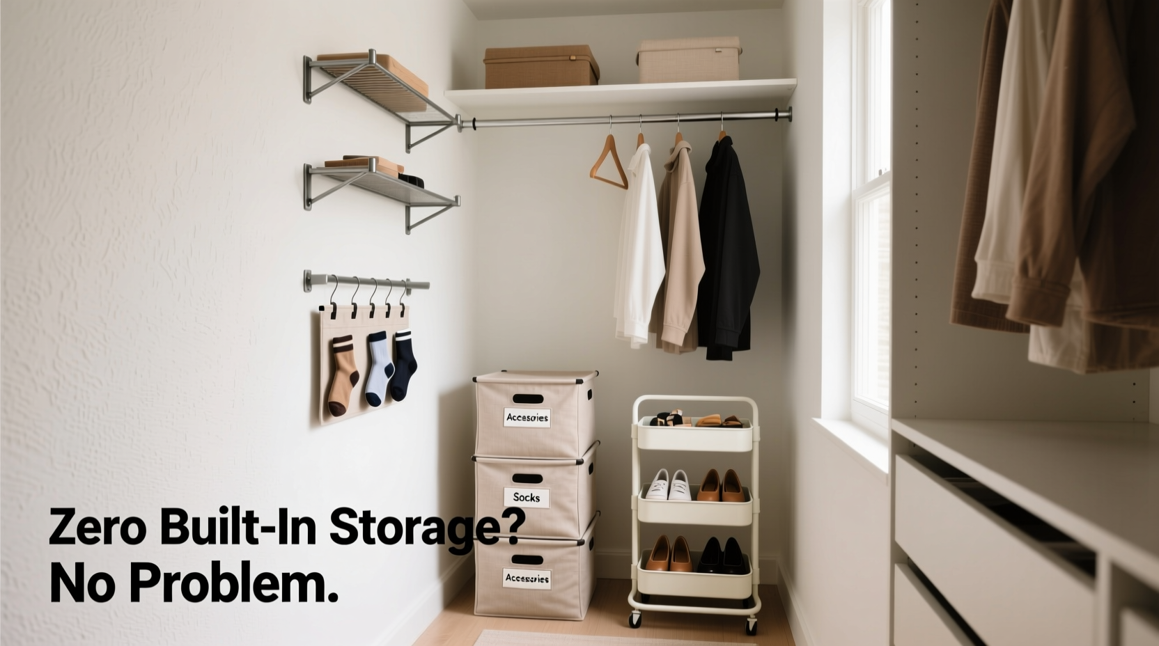 how to organize a tiny closet with zero built in shelves or drawers