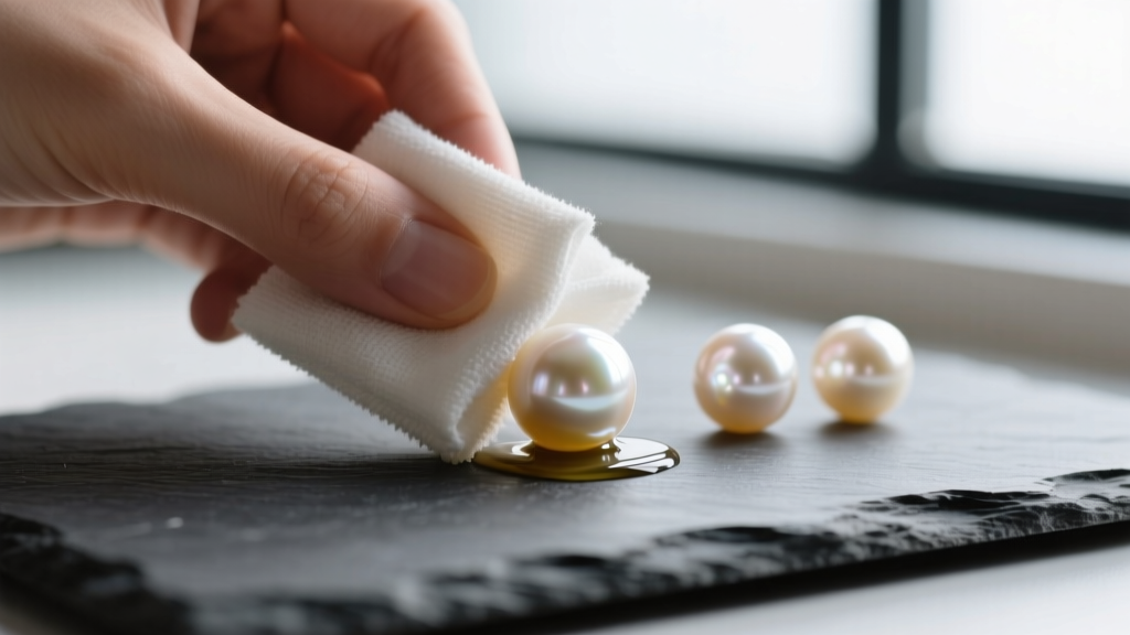 Close-up of Akoya pearls gently wiped with a damp microfiber cloth and mineral oil on a dark slate surface background lighting