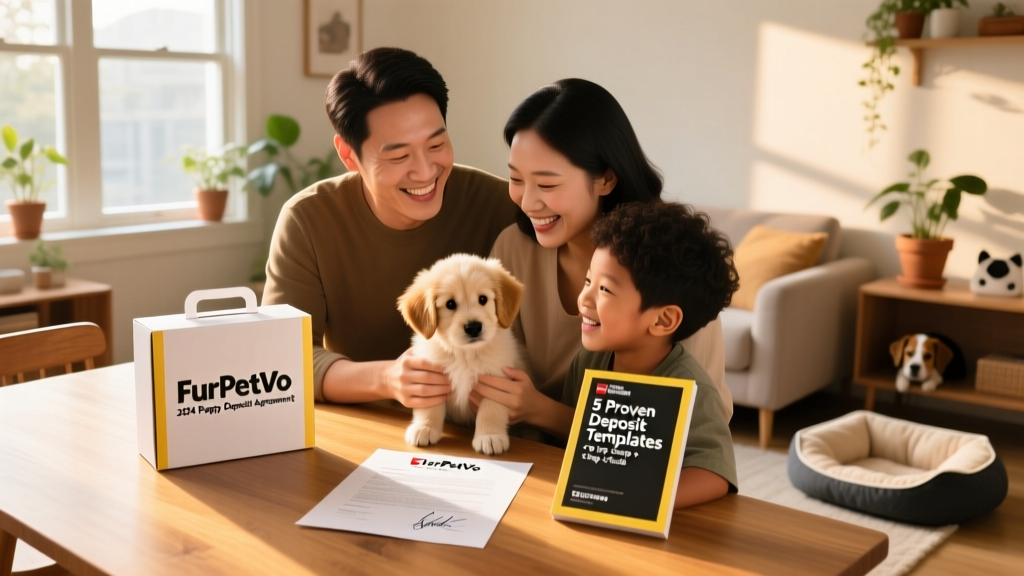 Happy family holding a small puppy beside a signed contract and FurPetVo welcome kit