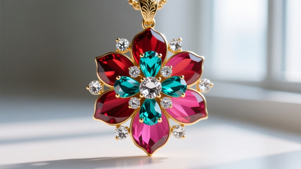 Close-up macro shot of a jeweled floral pendant showing glass rhinestones set in gold-tone brass with epoxy enamel petals.