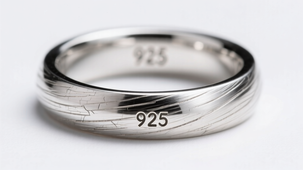 Macro photo of a 925 sterling silver ring shank showing grain structure and a tiny hallmark stamp under bright studio lighting