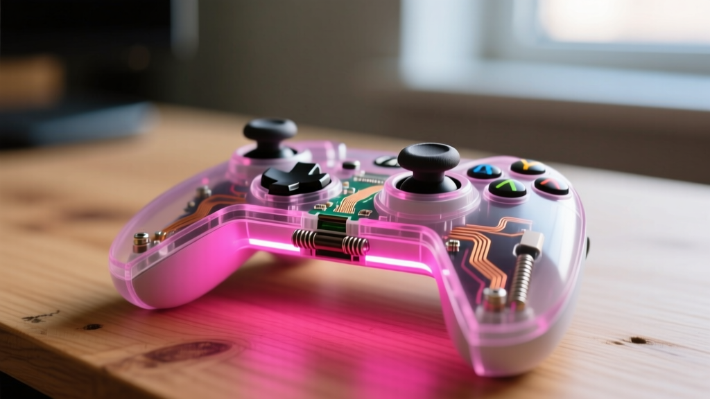 Close-up of a Hall effect gaming controller thumbstick mechanism, illuminated by neon pink backlighting on a wooden desk surface.