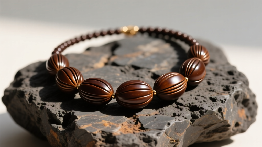 A polished dark brown kukui nuts necklace on volcanic basalt rock, showing glossy finish and natural seed ridges in sun.